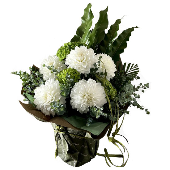 Flower Peace シンプルな色合いと存在感のあるダリアと紫陽花のオシャレアレンジ